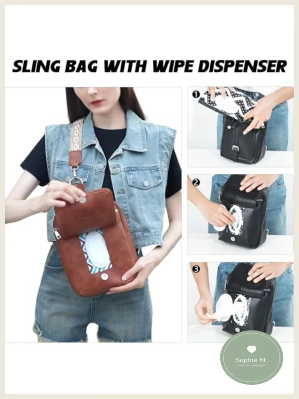 Mini Diaper Bag Crossbody Sling with Instant Wipes Pocket Vegan Leather